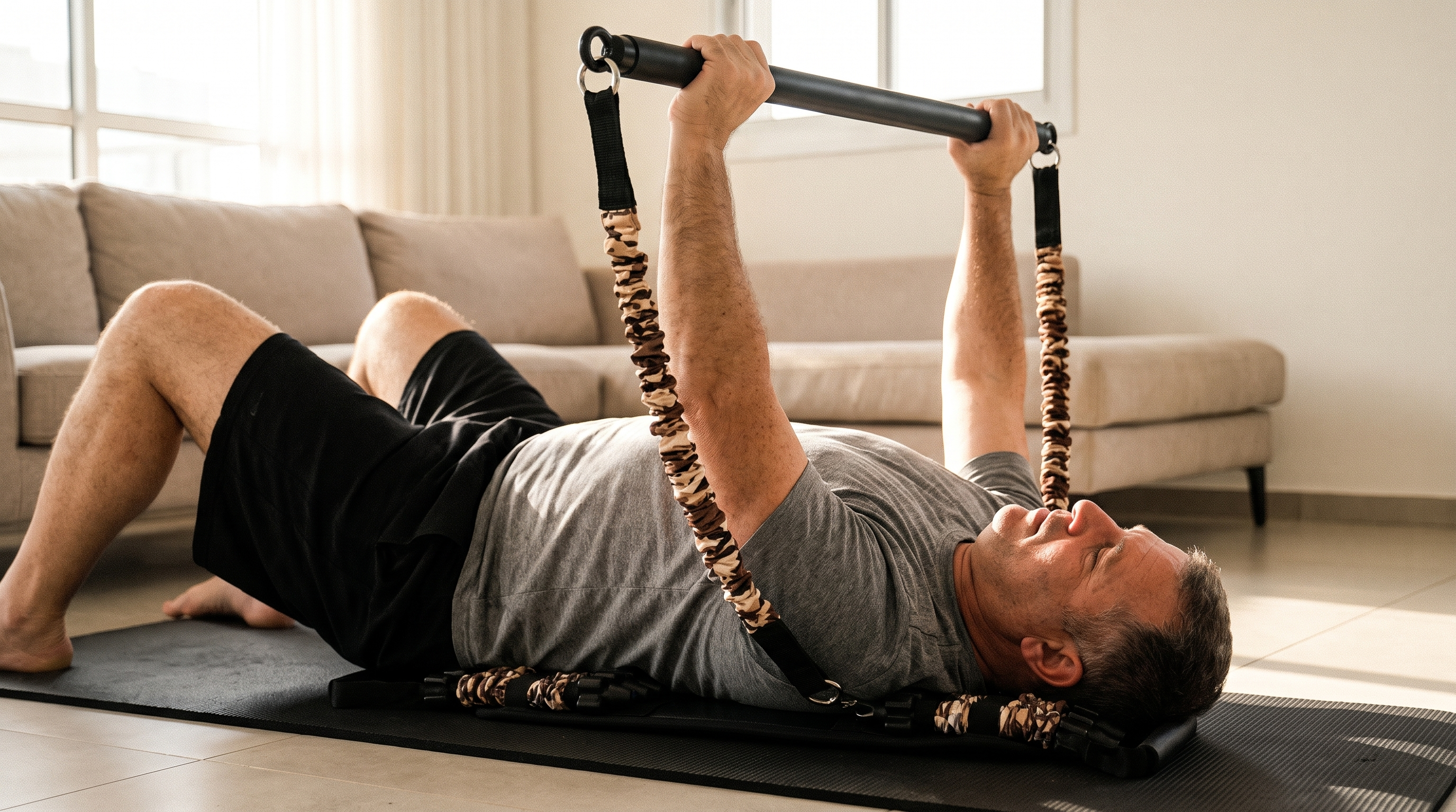 לחיצת חזה בשכיבה עם ערכת KNEORA HomeGym בסלון